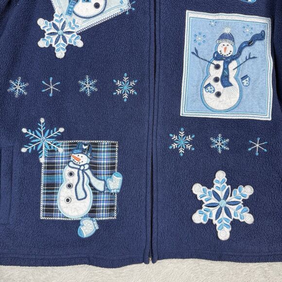 Vtg Holiday Fleece Jacket Women L Blue Snowman Christmas Festive Grandmacore 90s - Picture 4 of 12
